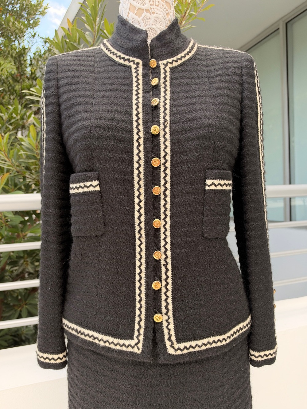 Vintage CHANEL Boutique Black Tweed Jacket & Maxi Skirt Suit Set Gold CC Buttons - Picture 4 of 14